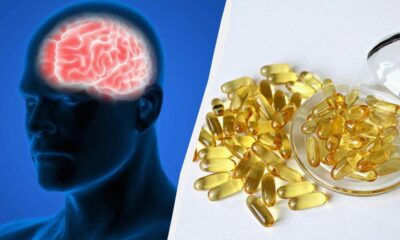 Split image showing a glowing brain inside a blue silhouette on the left and yellow capsules spilled from a bottle on the right, suggesting brain health supplements.