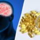 Split image showing a glowing brain inside a blue silhouette on the left and yellow capsules spilled from a bottle on the right, suggesting brain health supplements.
