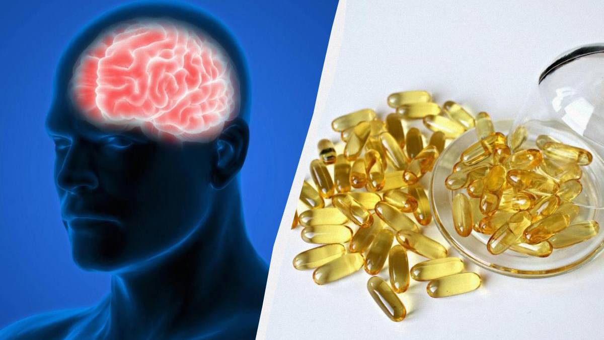 Split image showing a glowing brain inside a blue silhouette on the left and yellow capsules spilled from a bottle on the right, suggesting brain health supplements.