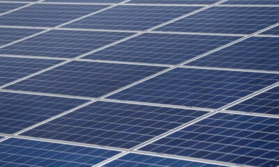 Close-up of blue photovoltaic solar panels arranged in a grid.