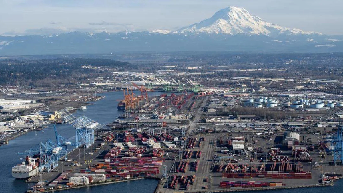 Busy cargo port with colorful containers and blue cranes along the waterfront, mountain in the background.