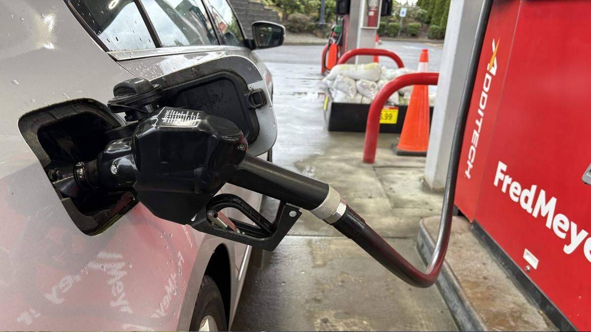 Close-up of a gas pump nozzle inserted into a silver car's fuel filler at a fueling station, with orange cones and a red Fred Meyer sign in the background.