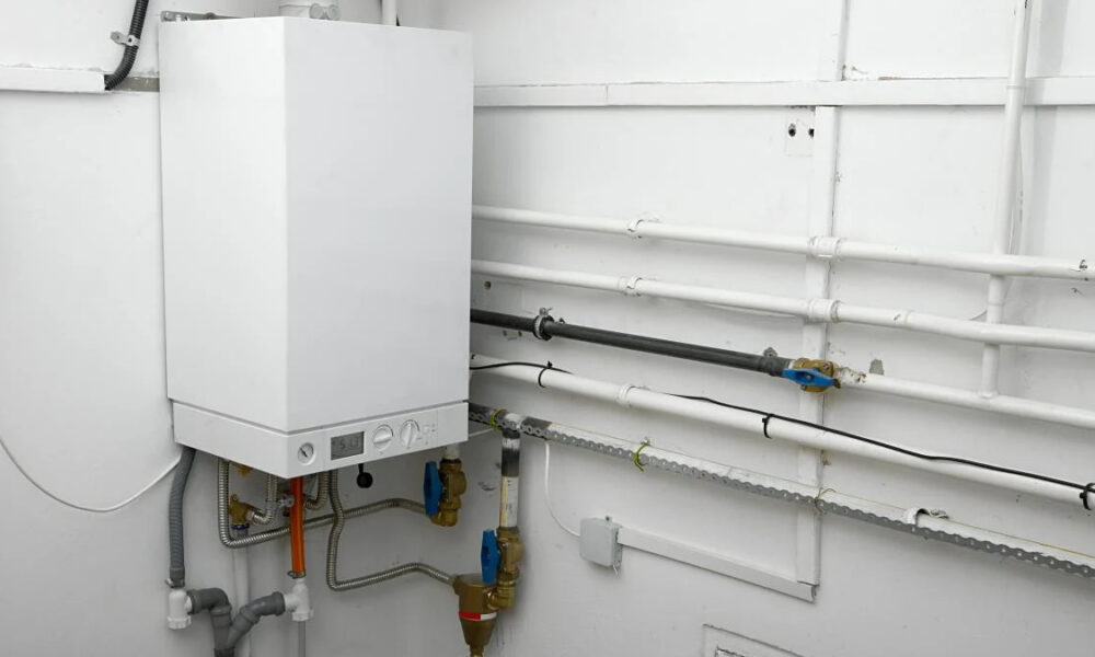 White wall-mounted boiler with exposed pipes, valves, and conduit in a utility room.