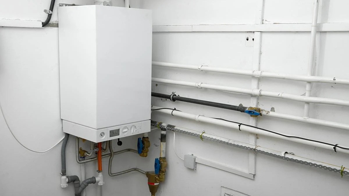 White wall-mounted boiler with exposed pipes, valves, and conduit in a utility room.