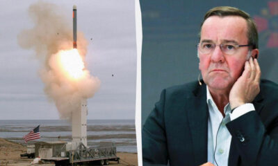 Split image: left shows a rocket launching from a coastal site with smoke plume and an American flag nearby; right shows a concerned-looking man in a suit with a headset mic, resting his chin on his hand.
