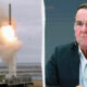 Split image: left shows a rocket launching from a coastal site with smoke plume and an American flag nearby; right shows a concerned-looking man in a suit with a headset mic, resting his chin on his hand.