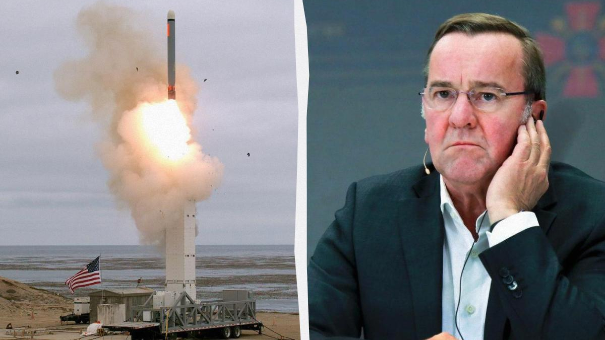 Split image: left shows a rocket launching from a coastal site with smoke plume and an American flag nearby; right shows a concerned-looking man in a suit with a headset mic, resting his chin on his hand.