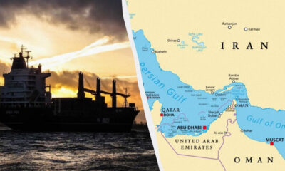Freighter silhouette at sunset on the sea, beside a map of Iran and the Persian Gulf region split by a curved divider.
