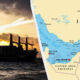 Freighter silhouette at sunset on the sea, beside a map of Iran and the Persian Gulf region split by a curved divider.