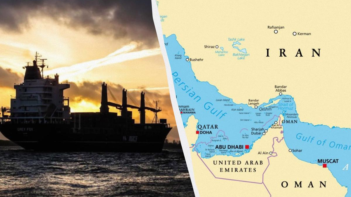 Freighter silhouette at sunset on the sea, beside a map of Iran and the Persian Gulf region split by a curved divider.