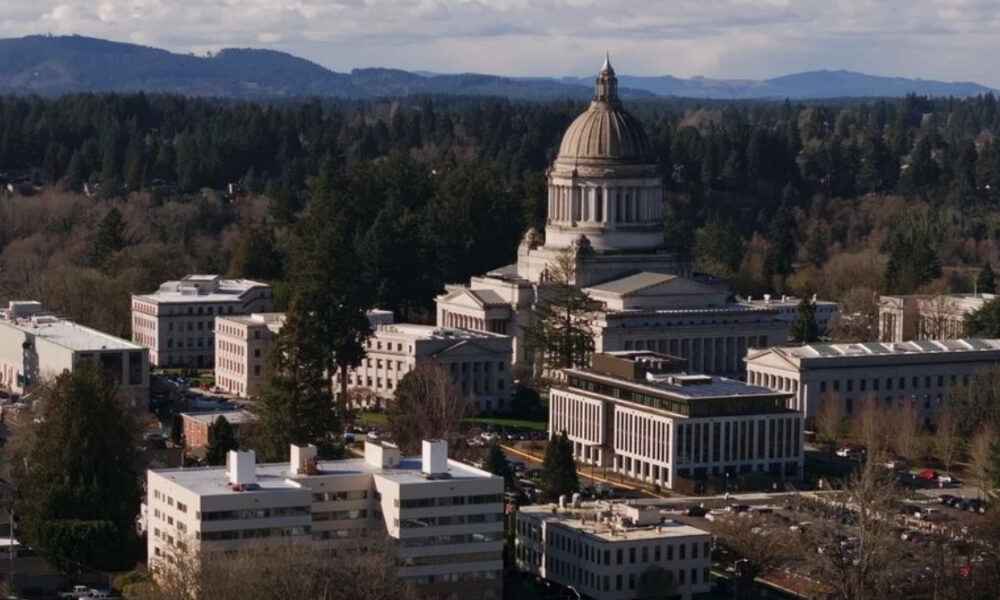 Aerial view of a domed government building surrounded by modern office blocks and trees in a cityscape.