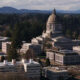 Aerial view of a domed government building surrounded by modern office blocks and trees in a cityscape.