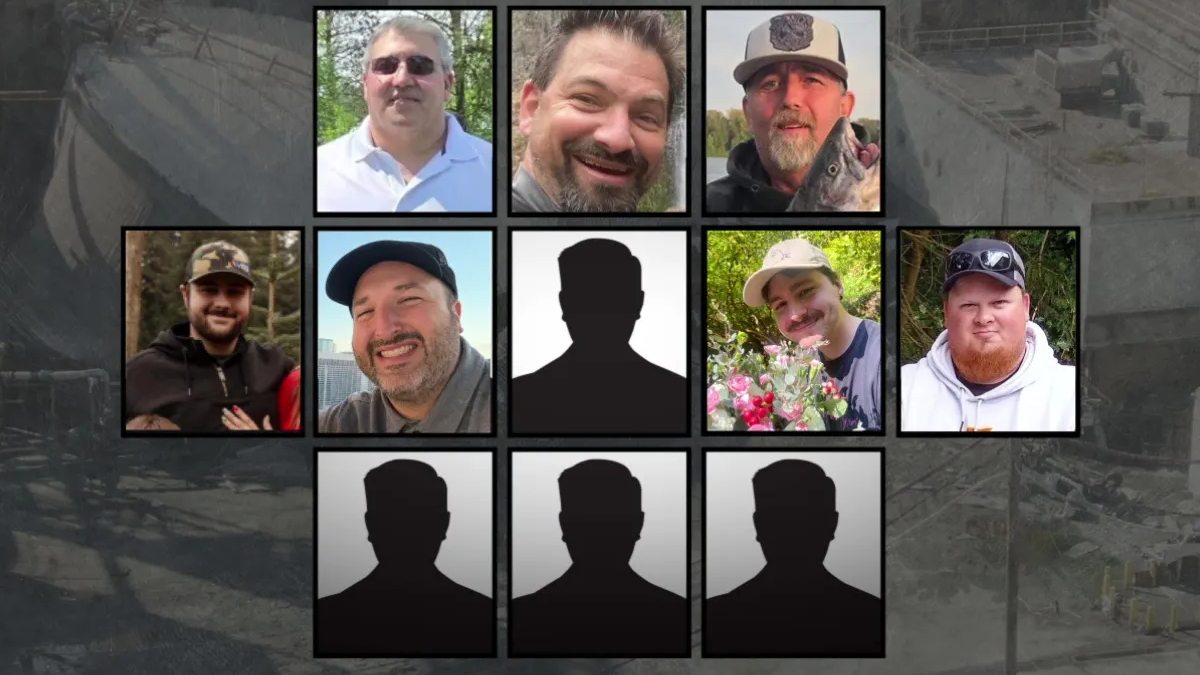 Collage of men's portraits with three silhouetted placeholders, suggesting a missing-person or memorial display.