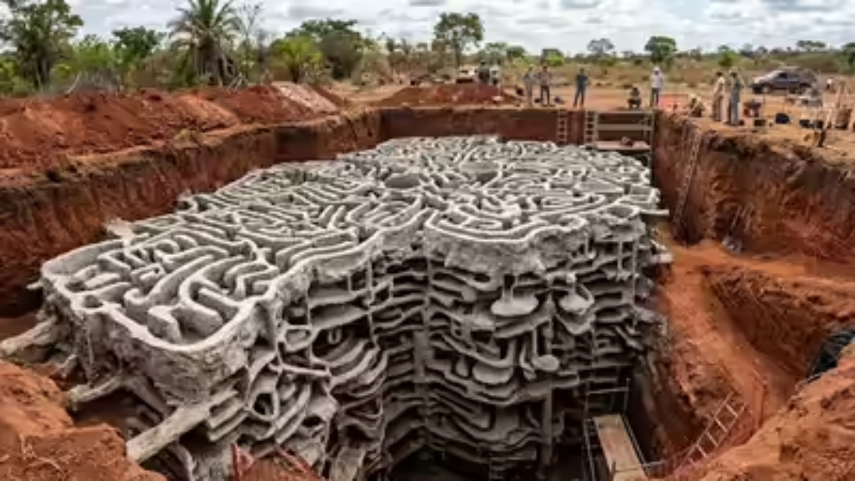 Deep excavation at a construction site with a massive stack of interlocking concrete forms in the trench; workers stand near the edge in the background.