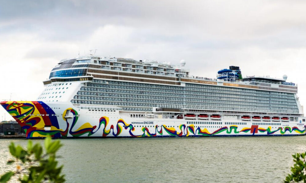 Large cruise ship docked at a harbor with a bright multicolored wave mural along the hull.