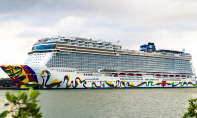 Large cruise ship docked at a harbor with a bright multicolored wave mural along the hull.