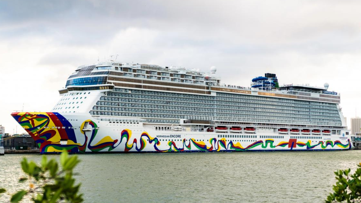 Large cruise ship docked at a harbor with a bright multicolored wave mural along the hull.