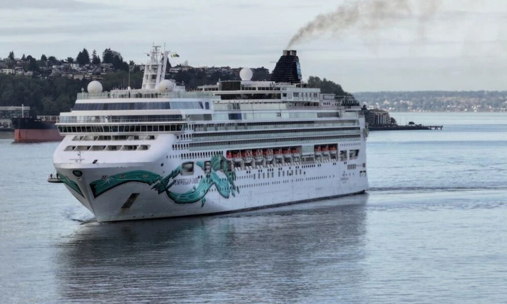 Large white cruise ship with teal wave artwork on bow sailing in a calm harbor, shoreline and houses visible in the background under a cloudy sky.