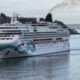 Large white cruise ship with teal wave artwork on bow sailing in a calm harbor, shoreline and houses visible in the background under a cloudy sky.