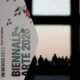 A split image: left shows a city street with a poster reading 'In Minor Keys' and 'Bienne Art 2020'; right view through a window showing a red clock tower and silhouettes of people in a plaza at dusk.