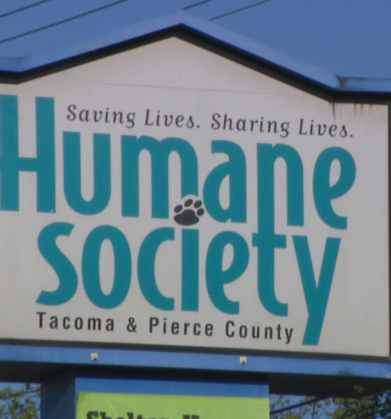 Sign for the Humane Society Tacoma & Pierce County with the slogan Saving Lives. Sharing Lives.