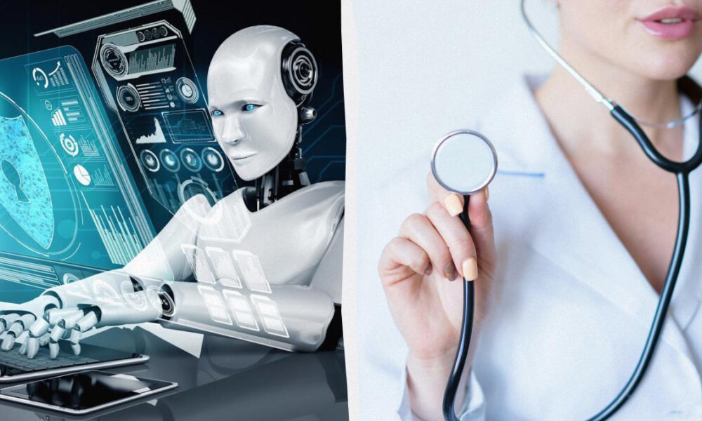 Humanoid robot with holographic data on the left and a doctor with a stethoscope on the right, illustrating AI in healthcare.