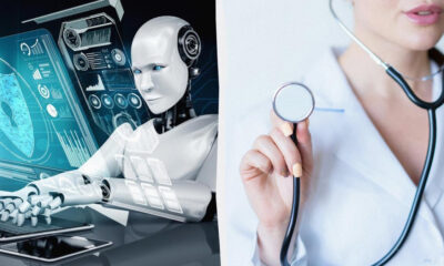 Humanoid robot with holographic data on the left and a doctor with a stethoscope on the right, illustrating AI in healthcare.