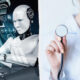 Humanoid robot with holographic data on the left and a doctor with a stethoscope on the right, illustrating AI in healthcare.