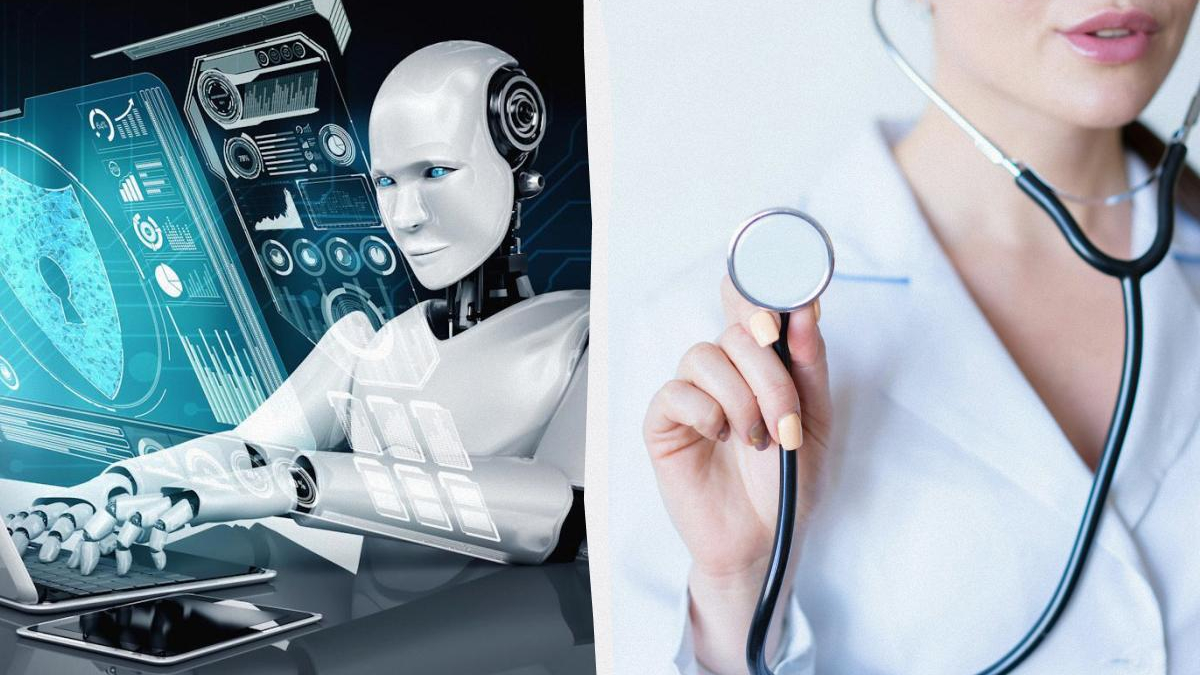Humanoid robot with holographic data on the left and a doctor with a stethoscope on the right, illustrating AI in healthcare.
