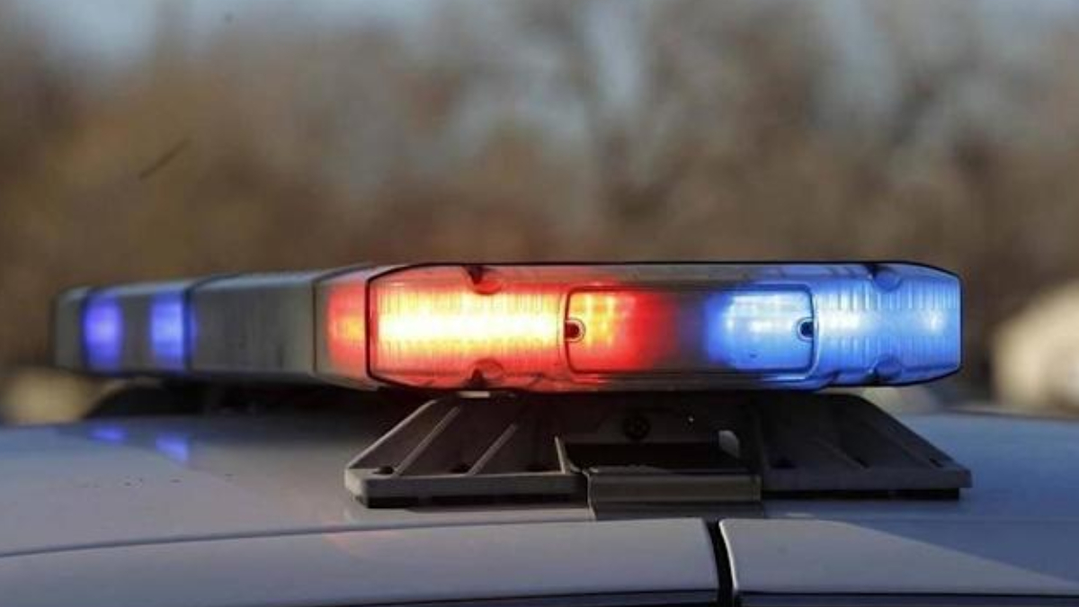 Close-up of red and blue emergency lights on top of a police car, flashing.