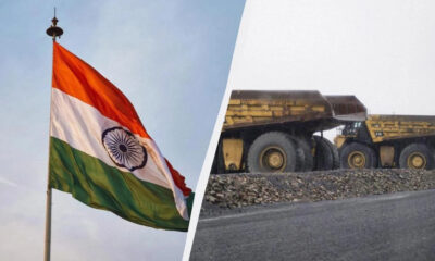 Split image: Indian flag waving on the left and a line of yellow mining dump trucks on a rocky road on the right, highlighting contrast between nation and industry.