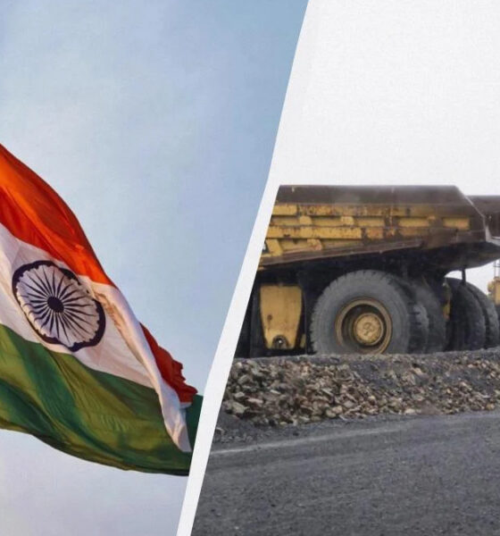 Split image: Indian flag waving on the left and a line of yellow mining dump trucks on a rocky road on the right, highlighting contrast between nation and industry.