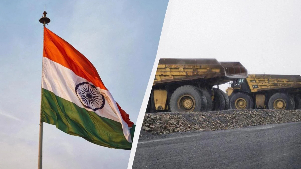 Split image: Indian flag waving on the left and a line of yellow mining dump trucks on a rocky road on the right, highlighting contrast between nation and industry.