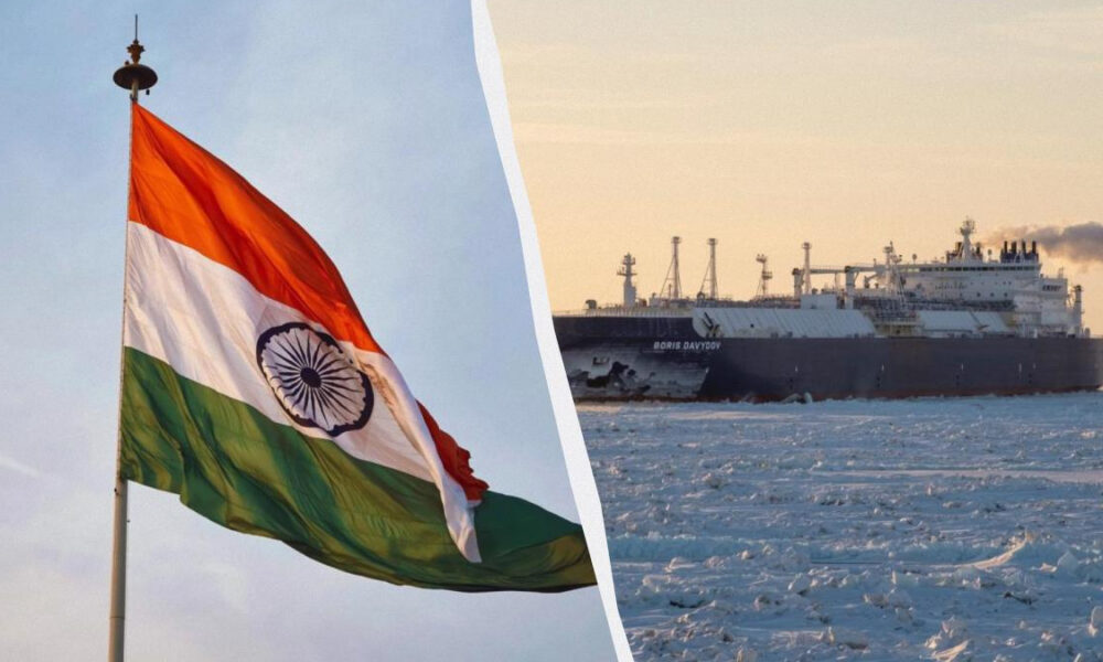 Indian tricolor flag waving on a flagpole with a blue sky, divided from an Arctic icebreaker ship by a curved white seam, suggesting a India-Arctic theme.