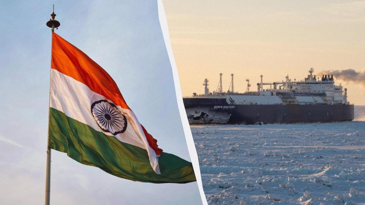 Indian tricolor flag waving on a flagpole with a blue sky, divided from an Arctic icebreaker ship by a curved white seam, suggesting a India-Arctic theme.