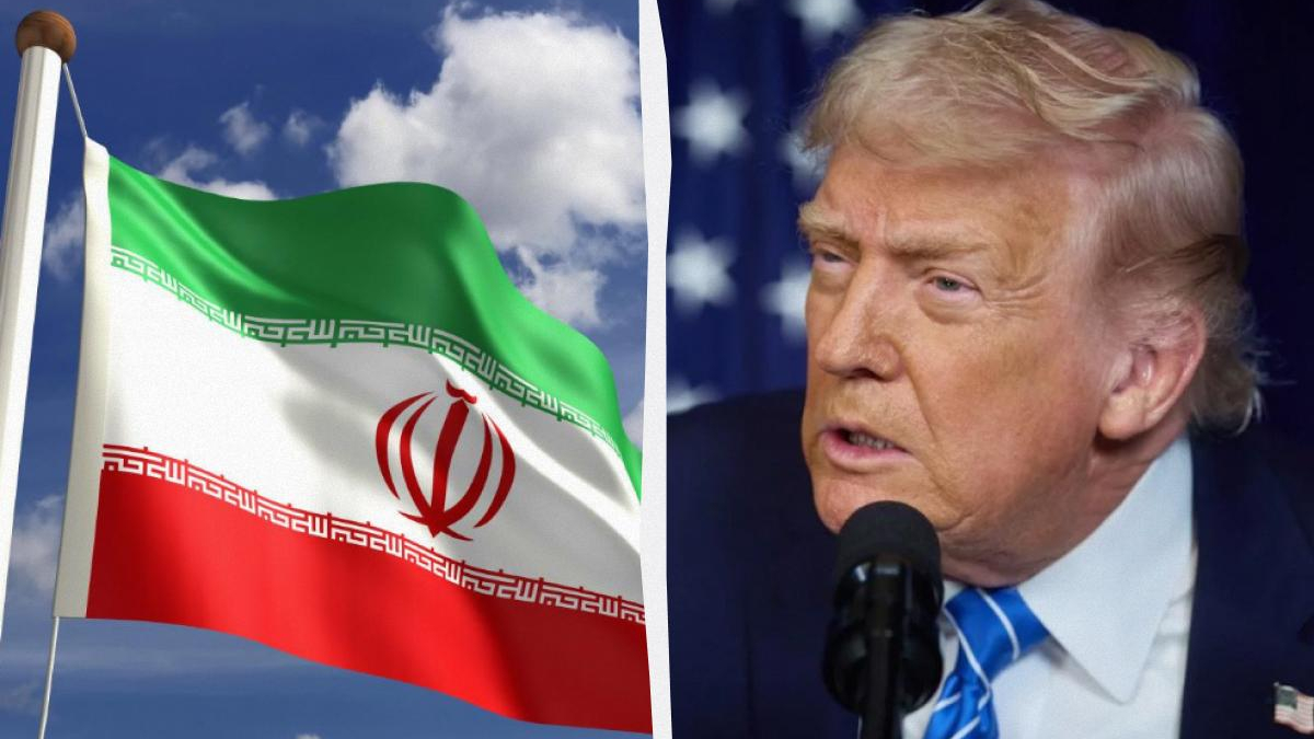 Split image: Iranian flag on the left and Donald Trump speaking at a microphone on the right, suggesting a political comparison or juxtaposition in one scene.