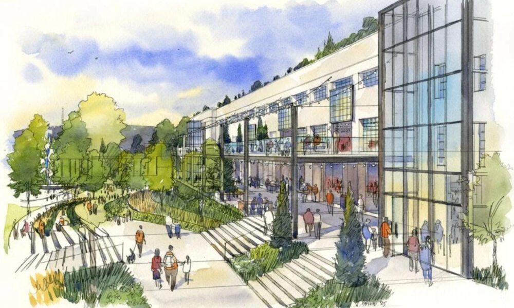 Sketch of a modern glass-front building with a stepped plaza and green landscaping, people walking and socializing outside.