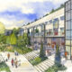 Sketch of a modern glass-front building with a stepped plaza and green landscaping, people walking and socializing outside.