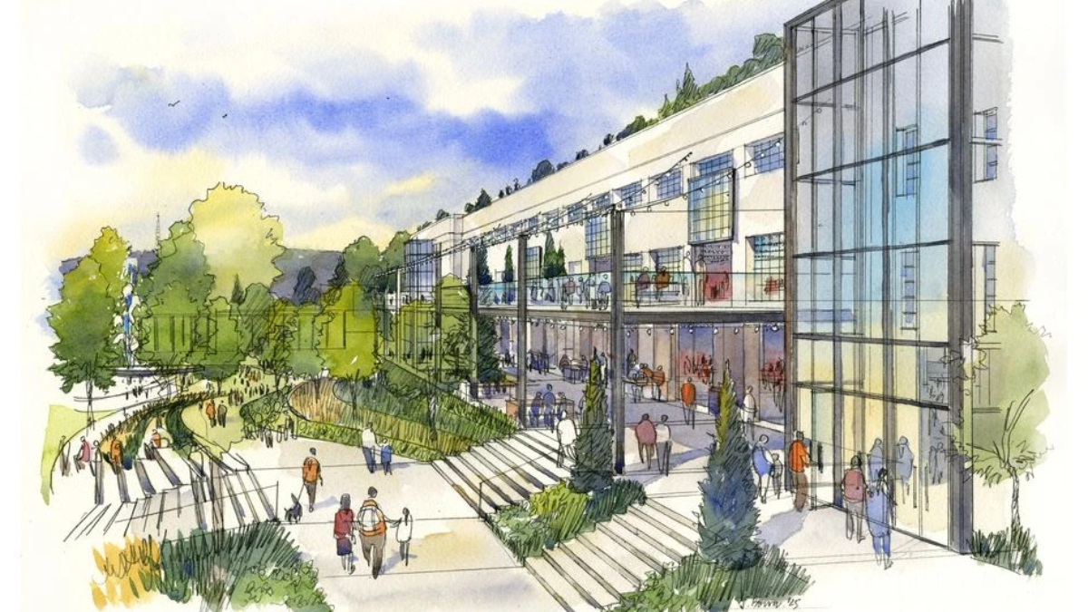 Sketch of a modern glass-front building with a stepped plaza and green landscaping, people walking and socializing outside.