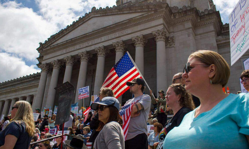 Protesters outside a large neoclassical government building, some holding signs and American flags.