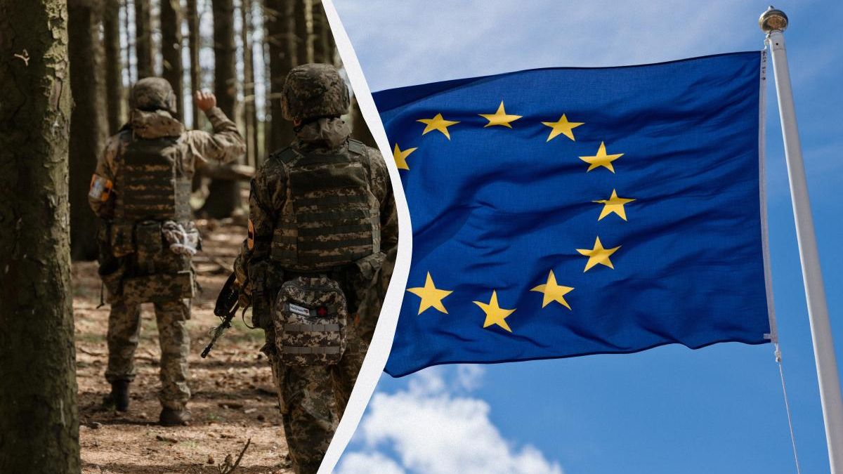 Soldiers in camouflage gear walking through a forest, split by a diagonal white divider from a waving European Union flag against a blue sky; conveys military cooperation in Europe.