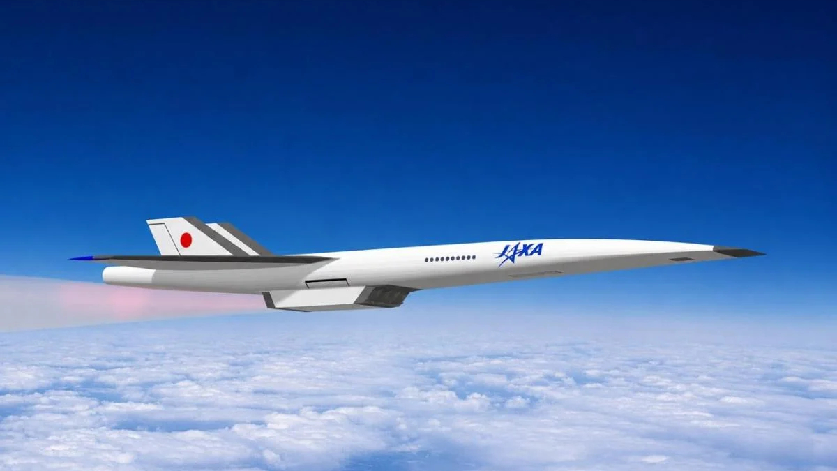 Concept supersonic jet with JAXA branding flying above clouds in clear blue sky, Japan flag on tailfin.