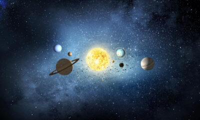 Sun at center with planets orbiting in a line against a starry space background.