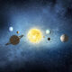 Sun at center with planets orbiting in a line against a starry space background.