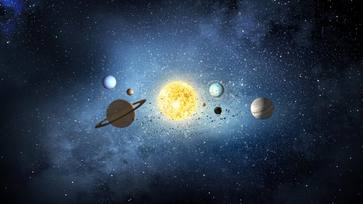 Sun at center with planets orbiting in a line against a starry space background.