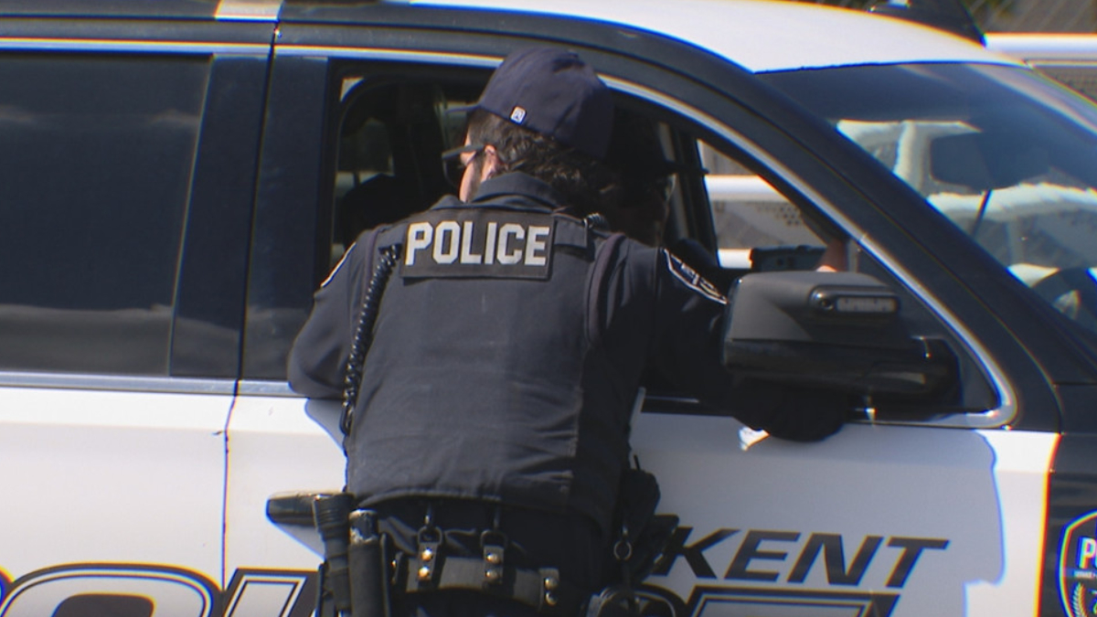 Back view of a police officer in a vest labeled POLICE leaning into a white-and-black patrol SUV parked at the curb.