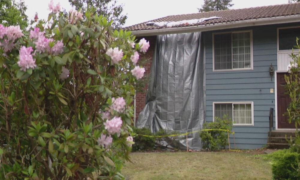 Blue house with a large gray tarp covering a section of the wall, flanked by pink rhododendron flowers in the foreground and yellow caution tape on the ground.