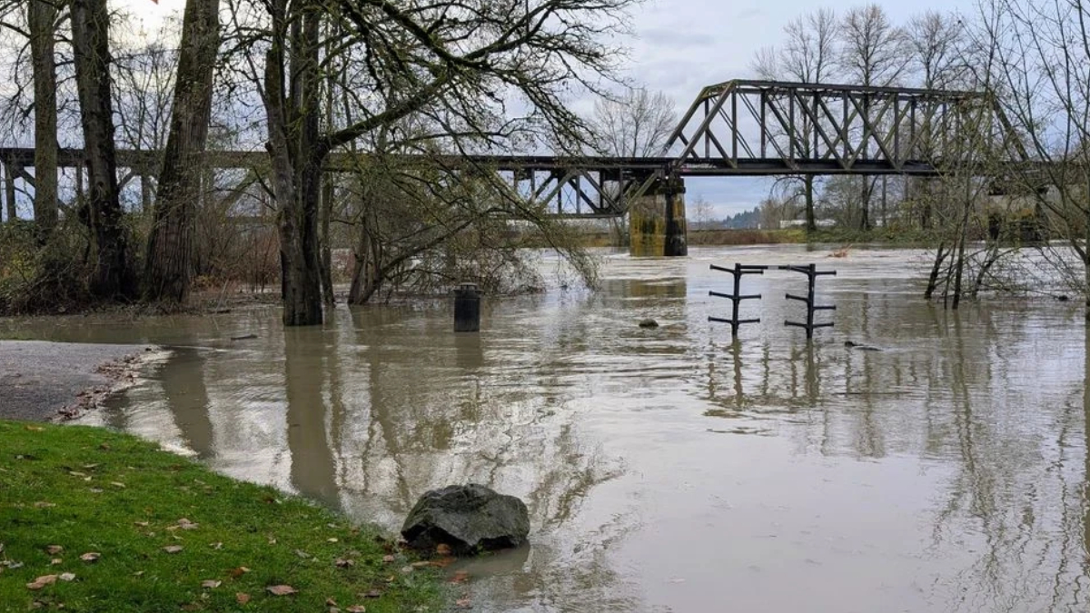 Flooded riverside with a metal truss bridge, bare trees, and reflective water surface.