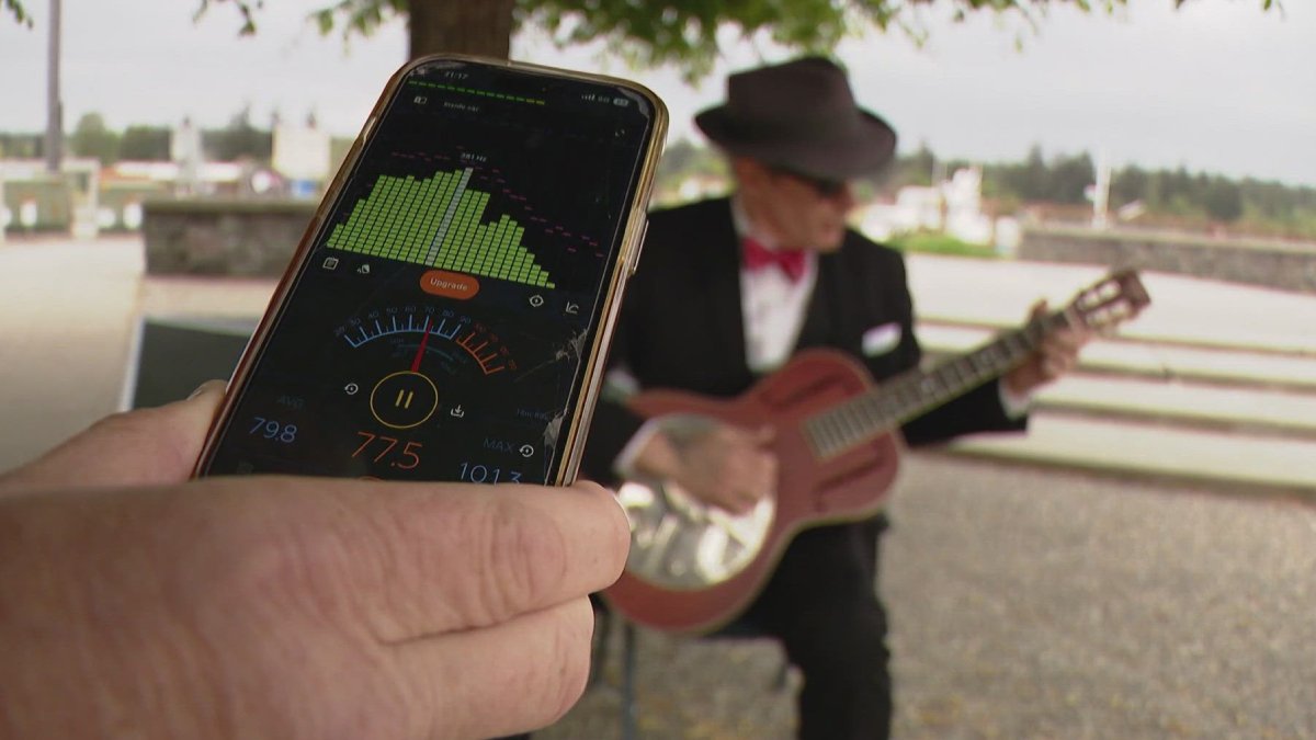 Person holds a smartphone showing an audio app with meters while a guitarist in a hat plays a pink guitar in the background.