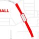 Map snippet showing a red route along Main St SW toward City Hall, with a location pin and bold City Hall label on the left.